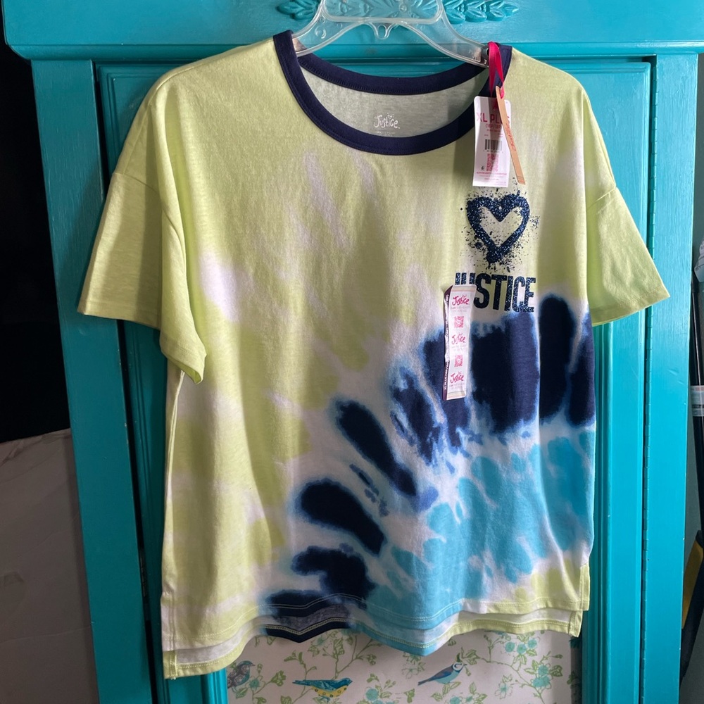 Justice Girls' XL PLUS Boxy Split Hem Tie-Dye T-Shirt Retro Fun Colorful Heart